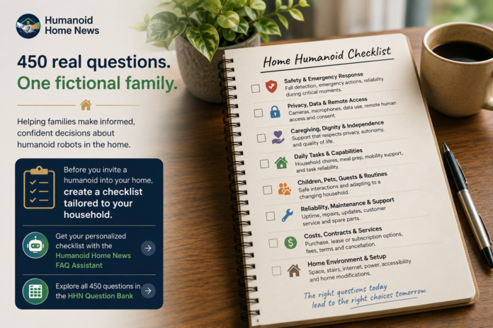 Humanoid Home News Question Bank featuring a home humanoid checklist to help families evaluate robots for the home.