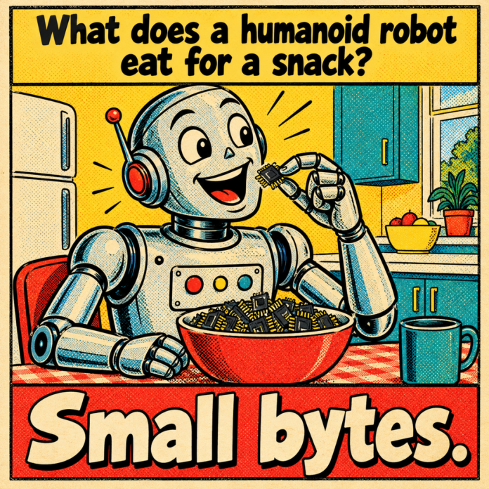 Cartoon robot holds a computer chip over a bowl of chips. Text reads: “What does a humanoid robot eat for a snack?” “Small bytes.”